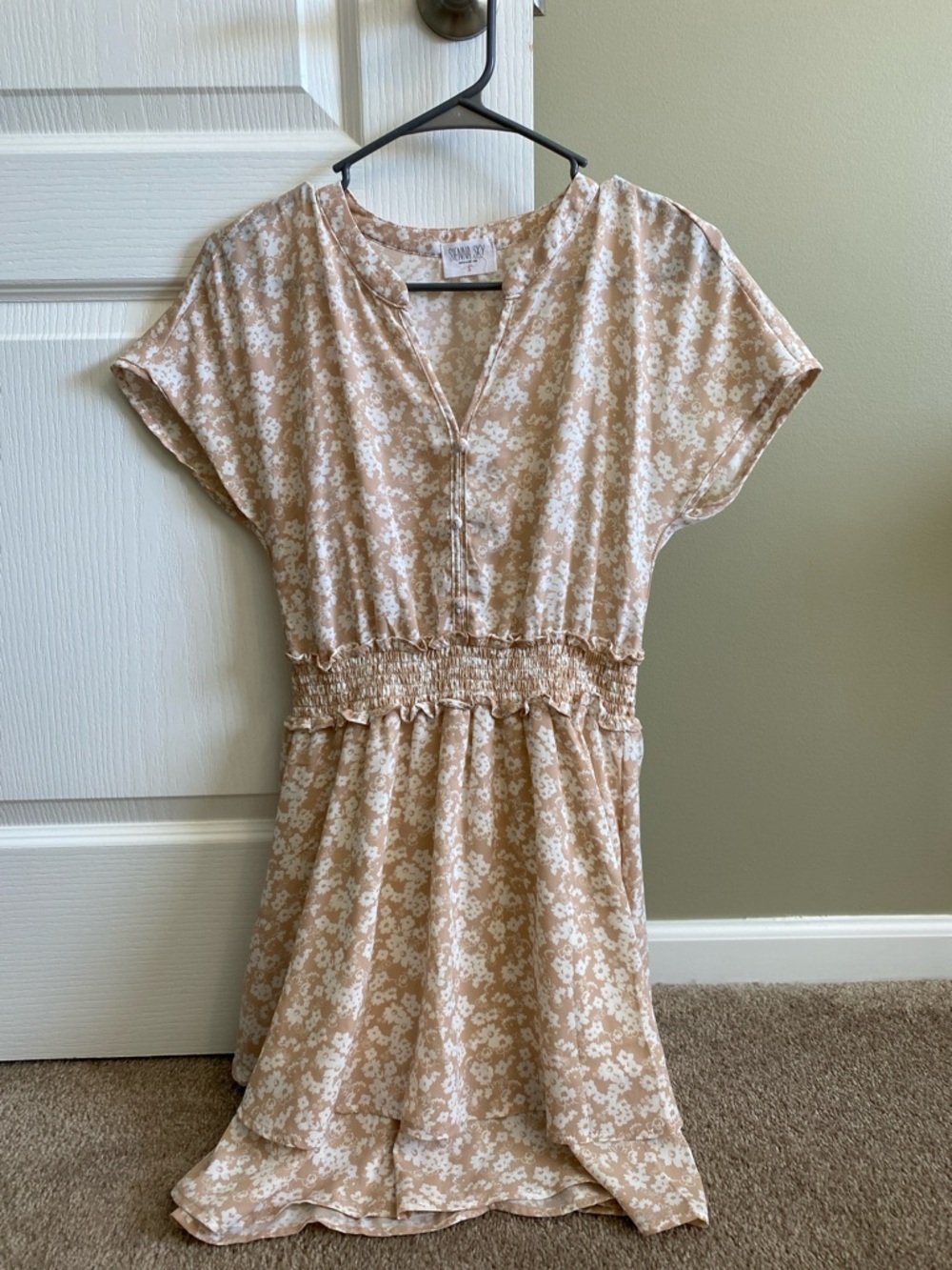 Sienna Sky Beige and White Floral Smocked Waist Dress